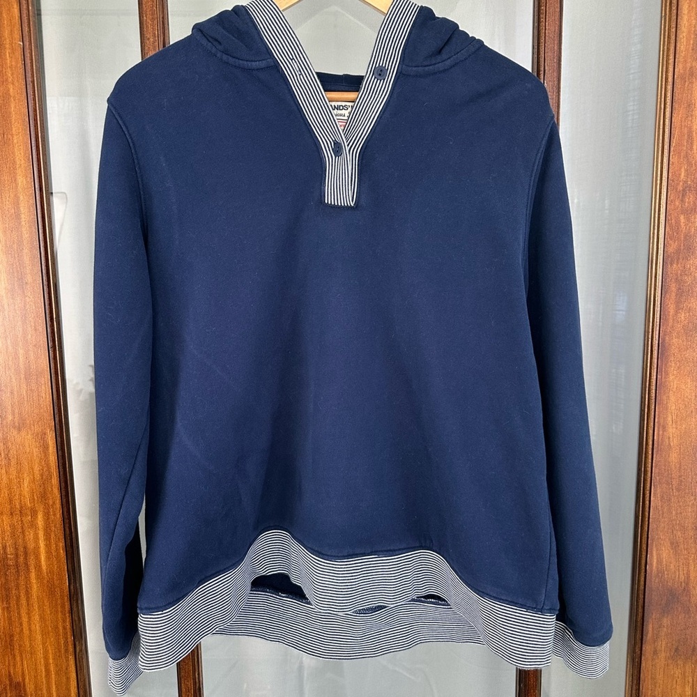 Lands End Serious Sweats Henley Hoodie Women's Large Blue Pullover Sweatshirt